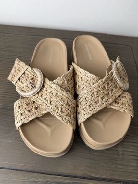 Marc Fisher Beige Woven Buckle Slide Sandals